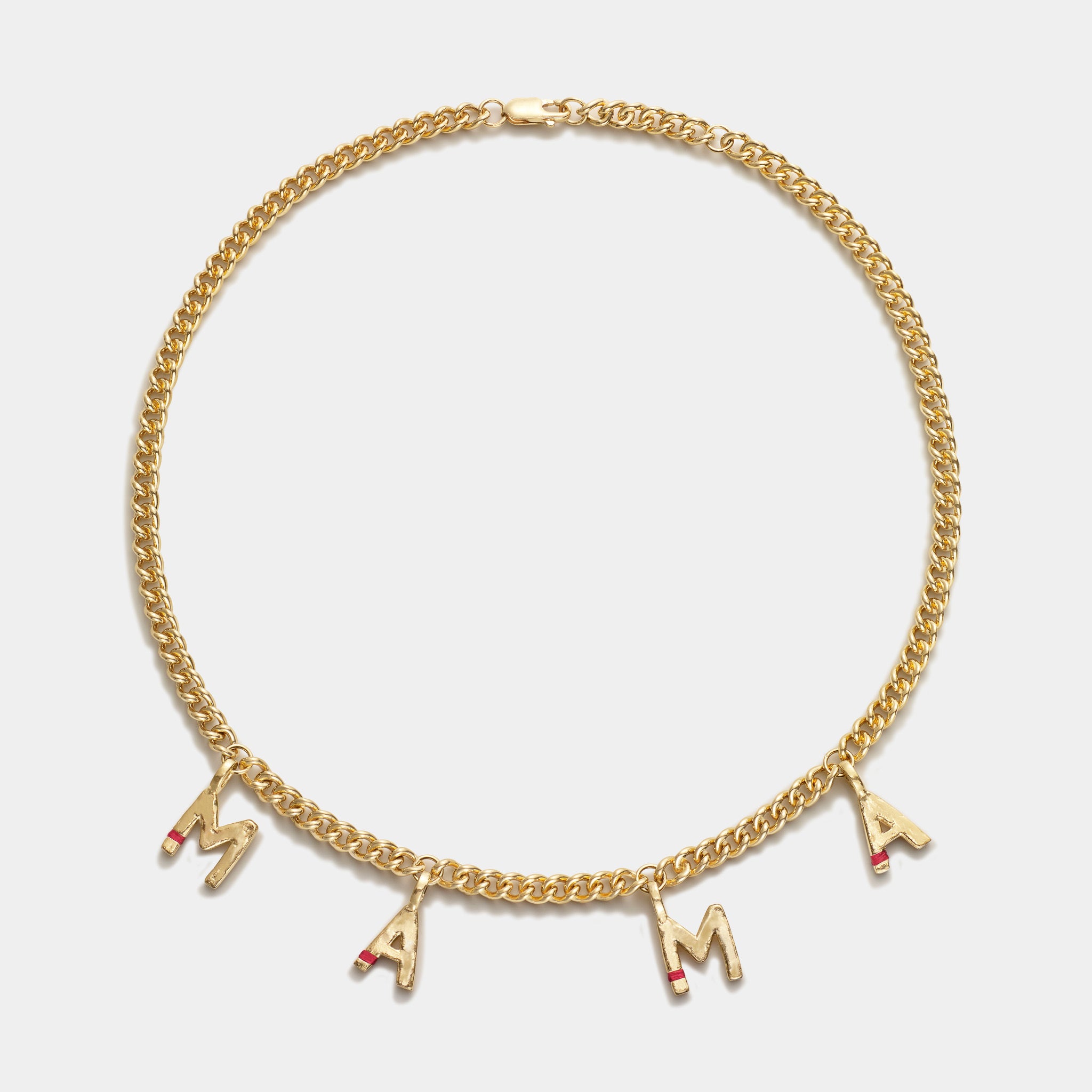 Gold chain necklace with 'MAMA' charms on a white background